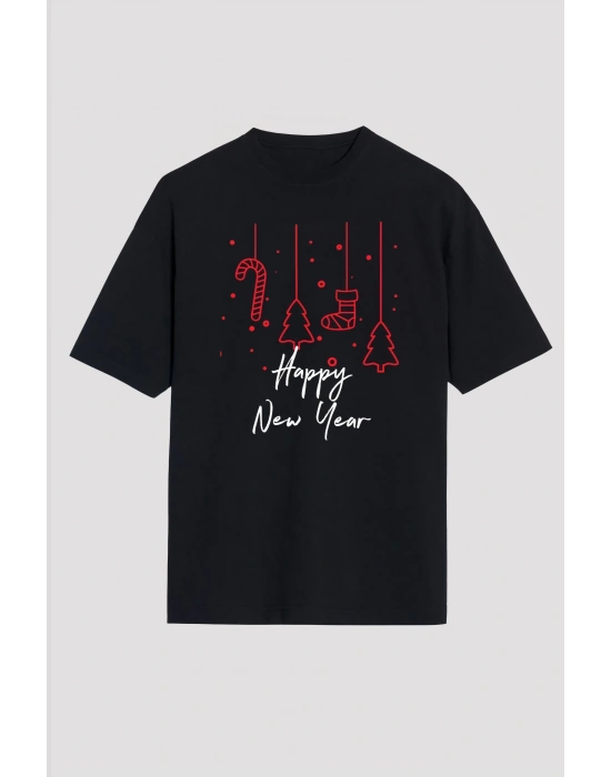 Yılbaşı Tişört Happy New Year Baskılı T-shirt - Siyah