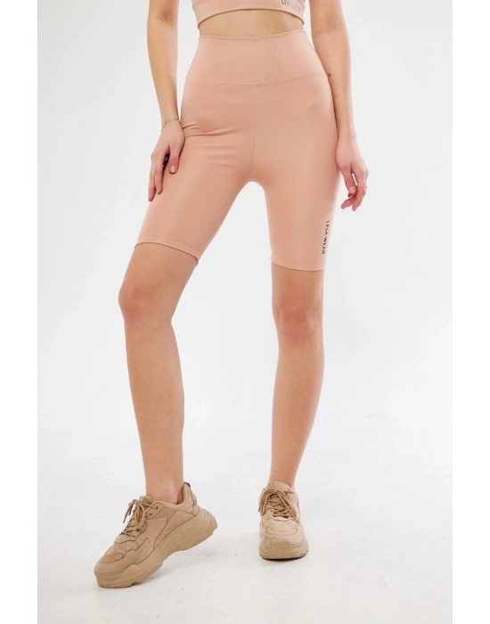 Yüksek Bel Biker Sporcu Şort - Bej