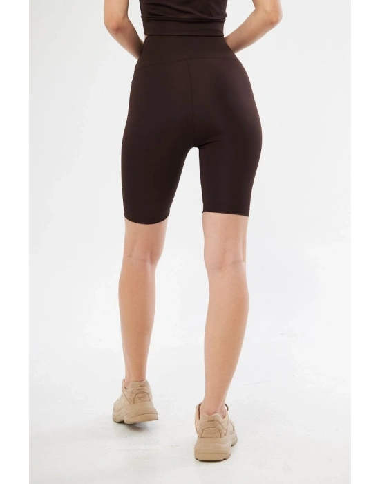 Yüksek Bel Biker Sporcu Şort - Kahve