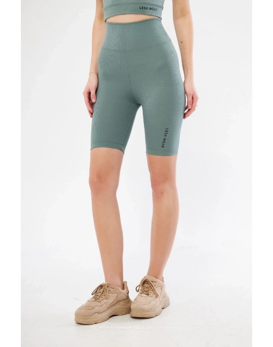 Yüksek Bel Fitilli Biker Baskılı Şort - Mint Yeşili