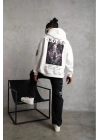 BErkek 3 İplik Pamuklu Kapüşonlu Baskılı Cepli Oversize Sweatshirt Hoodie - eyaz