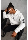BErkek 3 İplik Pamuklu Kapüşonlu Baskılı Cepli Oversize Sweatshirt Hoodie - eyaz