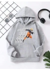 Çocuk Unisex Kapüşonlu Naruto Baskılı Pamuklu Sweatshirt - Gri