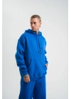 ERKEK 3 İplik Oversize Kapşonlu Basic SweatShirt Hoodie - Mavi