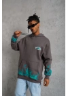 Erkek 3 iplik Pamuklu Alev Baskılı Kapüşonlu hoodie Sweatshirt - Gri