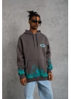 Erkek 3 iplik Pamuklu Alev Baskılı Kapüşonlu hoodie Sweatshirt - Gri