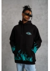 Erkek 3 İplik Pamuklu Alev Baskılı Kapüşonlu hoodie Sweatshirt - Siyah