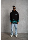 Erkek 3 İplik Pamuklu Alev Baskılı Kapüşonlu hoodie Sweatshirt - Siyah