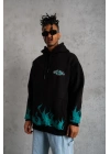 Erkek 3 İplik Pamuklu Alev Baskılı Kapüşonlu hoodie Sweatshirt - Siyah