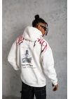 Erkek 3 İplik Pamuklu Baskılı Kapüşonlu Cepli Sweatshirt Hoodie - Beyaz