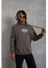 Erkek 3 İplik Pamuklu Baskılı Kapüşonlu Cepli Sweatshirt Hoodie - Gri