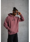 Erkek 3 İplik Pamuklu Baskılı Kapüşonlu Cepli Sweatshirt Hoodie - Gül Kurusu