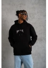 Erkek 3 İplik Pamuklu Baskılı Kapüşonlu Cepli Sweatshirt Hoodie - Siyah
