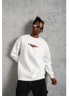 Erkek 3 İplik Pamuklu Bisiklet Yaka Gangster Baskılı Sweatshirt - Beyaz