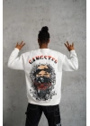 Erkek 3 İplik Pamuklu Bisiklet Yaka Gangster Baskılı Sweatshirt - Beyaz