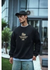 Erkek 3 iplik pamuklu Bisiklet Yaka Ön Ve Arka Baskılı SweatShirt - Siyah