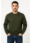 Erkek 3 İplik Pamuklu Düz Bisiklet Yaka SweatShirt - Haki