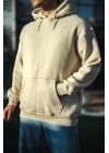 Erkek 3 İplik Pamuklu Kapüşonlu Basic SweatShirt Hoodie - Bej