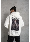 Erkek 3 İplik Pamuklu Kapüşonlu Baskılı Cepli Oversize Sweatshirt Hoodie - Beyaz