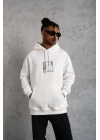 Erkek 3 İplik Pamuklu Kapüşonlu Baskılı Cepli Oversize Sweatshirt Hoodie - Beyaz