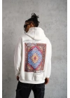 Erkek 3 İplik Pamuklu Kapüşonlu Baskılı Cepli Oversize Sweatshirt Hoodie - Beyaz