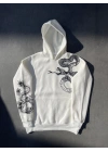 Erkek 3 İplik Pamuklu Kapüşonlu Baskılı Cepli Oversize Sweatshirt Hoodie - Beyaz