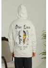 Erkek 3 İplik Pamuklu Kapüşonlu Baskılı Cepli Oversize Sweatshirt Hoodie - Beyaz