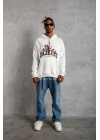 Erkek 3 İplik Pamuklu Kapüşonlu Baskılı Cepli Oversize Sweatshirt Hoodie - Beyaz