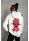 Erkek 3 İplik Pamuklu Kapüşonlu Baskılı Cepli Oversize Sweatshirt Hoodie - Beyaz