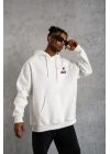 Erkek 3 İplik Pamuklu Kapüşonlu Baskılı Cepli Oversize Sweatshirt Hoodie - Beyaz