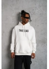 Erkek 3 İplik Pamuklu Kapüşonlu Baskılı Cepli Oversize Sweatshirt Hoodie - Beyaz