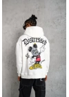 Erkek 3 İplik Pamuklu Kapüşonlu Baskılı Cepli Oversize Sweatshirt Hoodie - Beyaz