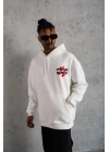 Erkek 3 İplik Pamuklu Kapüşonlu Baskılı Cepli Oversize Sweatshirt Hoodie - Beyaz