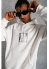 Erkek 3 İplik Pamuklu Kapüşonlu Baskılı Cepli Oversize Sweatshirt Hoodie - Beyaz
