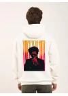 Erkek 3 İplik Pamuklu Kapüşonlu Baskılı Cepli Oversize Sweatshirt Hoodie - Beyaz