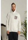 Erkek 3 İplik Pamuklu Kapüşonlu Baskılı Cepli Oversize Sweatshirt Hoodie - Beyaz