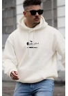 Erkek 3 İplik Pamuklu Kapüşonlu Baskılı Cepli Oversize Sweatshirt Hoodie - Beyaz