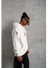 Erkek 3 İplik Pamuklu Kapüşonlu Baskılı Cepli Oversize Sweatshirt Hoodie - Beyaz