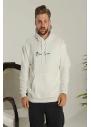 Erkek 3 İplik Pamuklu Kapüşonlu Baskılı Cepli Oversize Sweatshirt Hoodie - Beyaz