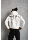 Erkek 3 İplik Pamuklu Kapüşonlu Baskılı Cepli Oversize Sweatshirt Hoodie - Beyaz