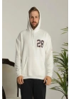 Erkek 3 İplik Pamuklu Kapüşonlu Baskılı Cepli Oversize Sweatshirt Hoodie - Beyaz