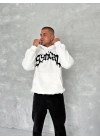 Erkek 3 İplik Pamuklu Kapüşonlu Baskılı Cepli Oversize Sweatshirt Hoodie - Beyaz
