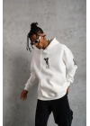 Erkek 3 İplik Pamuklu Kapüşonlu Baskılı Cepli Oversize Sweatshirt Hoodie - Beyaz