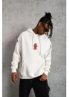 Erkek 3 İplik Pamuklu Kapüşonlu Baskılı Cepli Oversize Sweatshirt Hoodie - Beyaz