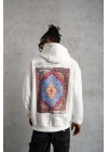 Erkek 3 İplik Pamuklu Kapüşonlu Baskılı Cepli Oversize Sweatshirt Hoodie - Beyaz