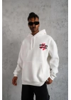 Erkek 3 İplik Pamuklu Kapüşonlu Baskılı Cepli Oversize Sweatshirt Hoodie - Beyaz