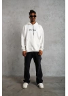 Erkek 3 İplik Pamuklu Kapüşonlu Baskılı Cepli Oversize Sweatshirt Hoodie - Beyaz