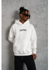 Erkek 3 İplik Pamuklu Kapüşonlu Baskılı Cepli Oversize Sweatshirt Hoodie - Beyaz