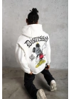 Erkek 3 İplik Pamuklu Kapüşonlu Baskılı Cepli Oversize Sweatshirt Hoodie - Beyaz