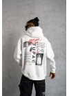 Erkek 3 İplik Pamuklu Kapüşonlu Baskılı Cepli Oversize Sweatshirt Hoodie - Beyaz